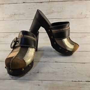 Y2K Unionbay Park-U Patchwork Clogs Brown Gold Metallic Studded Mules Womens 6M